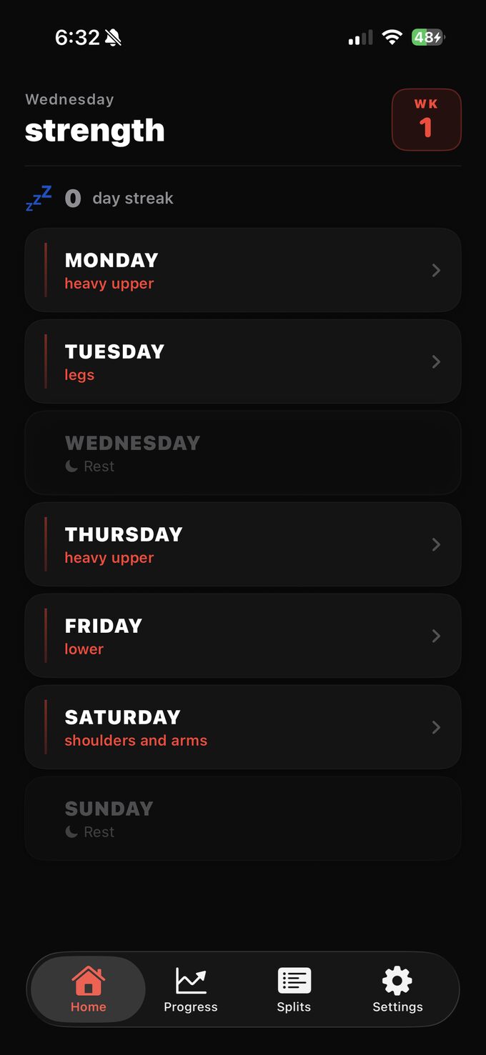 SetPR home screen showing this week's training split