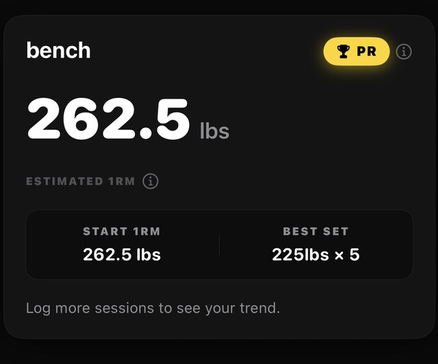 SetPR progress card showing bench press 1RM trending up