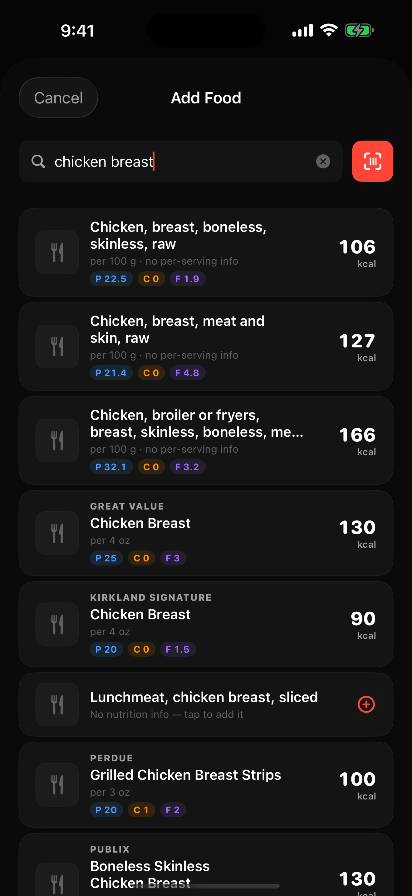 SetPR food search showing USDA-backed results for chicken breast with calories per serving.