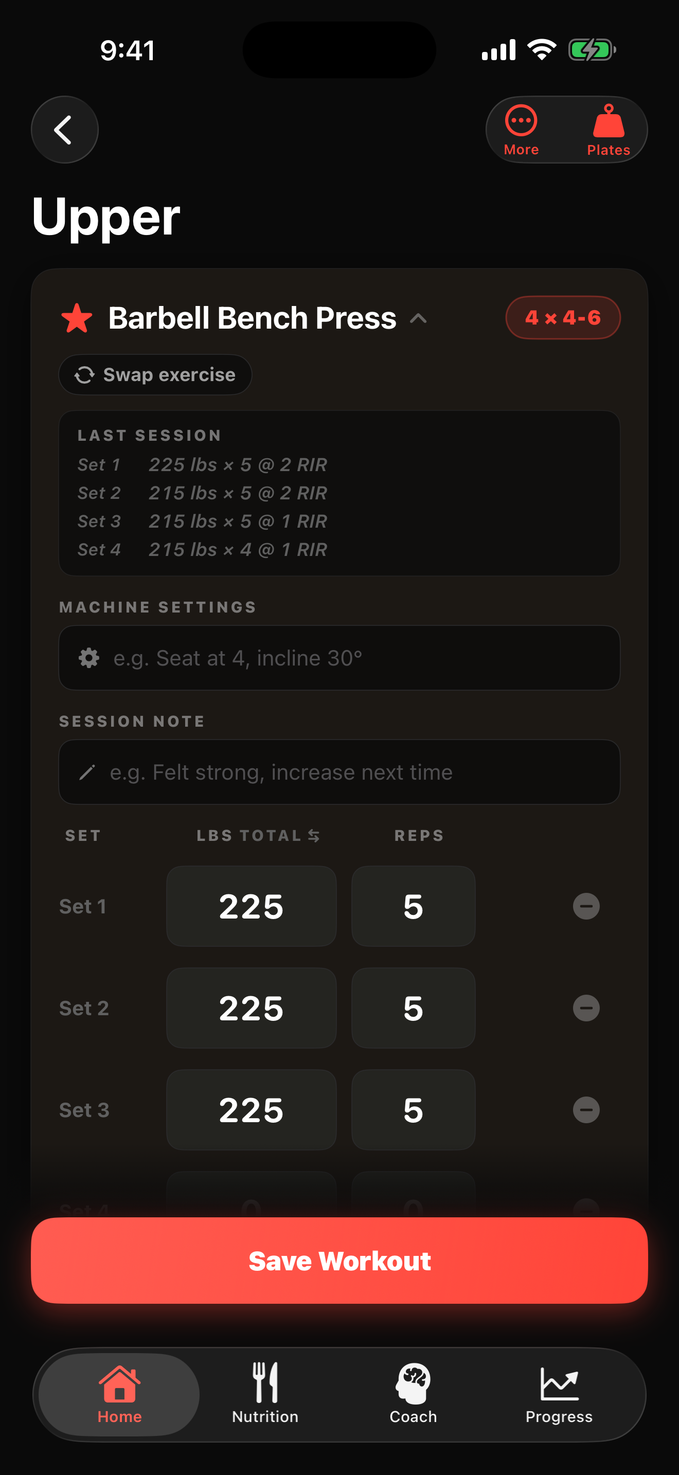 The SetPR workout logging screen with sets, reps and weight for an exercise.