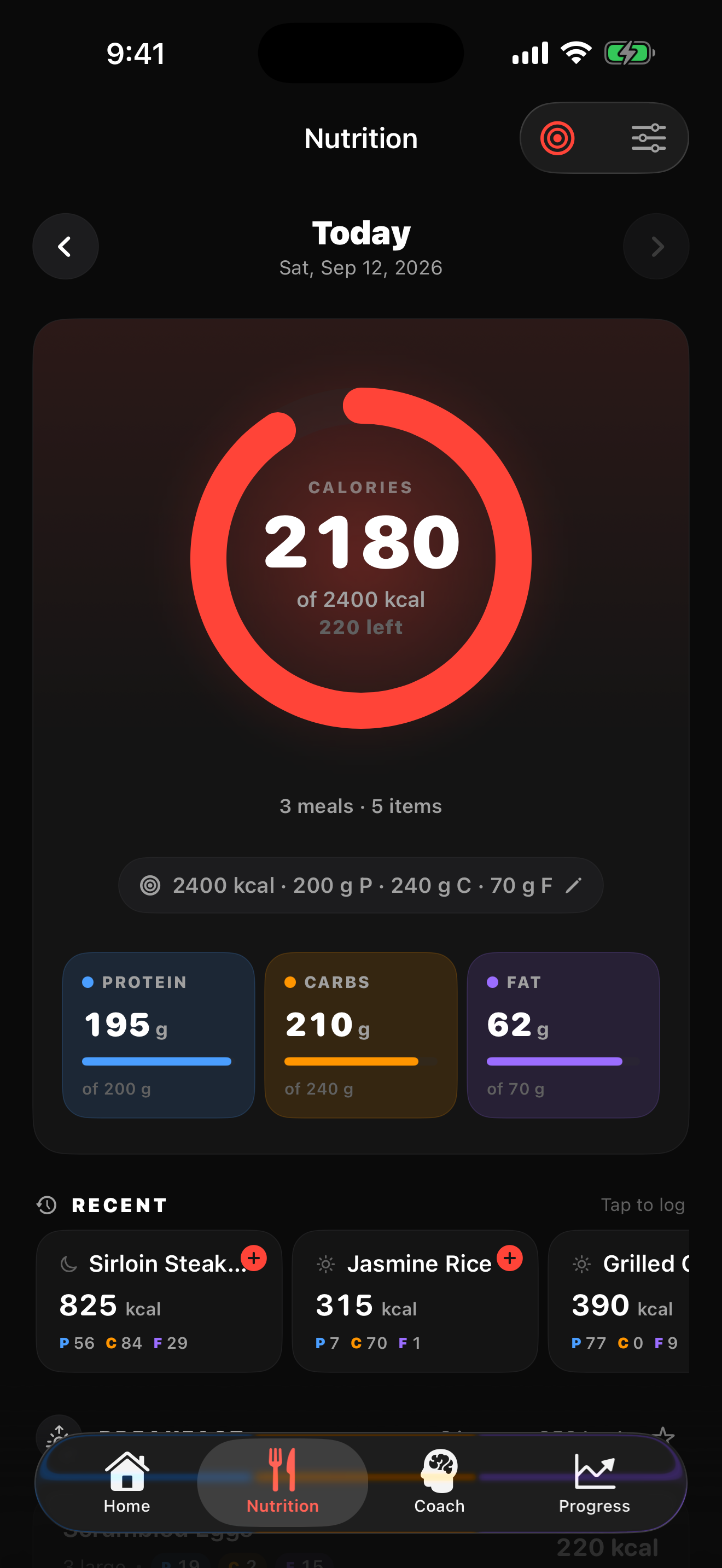 The SetPR nutrition screen showing calories and macros logged for the day.
