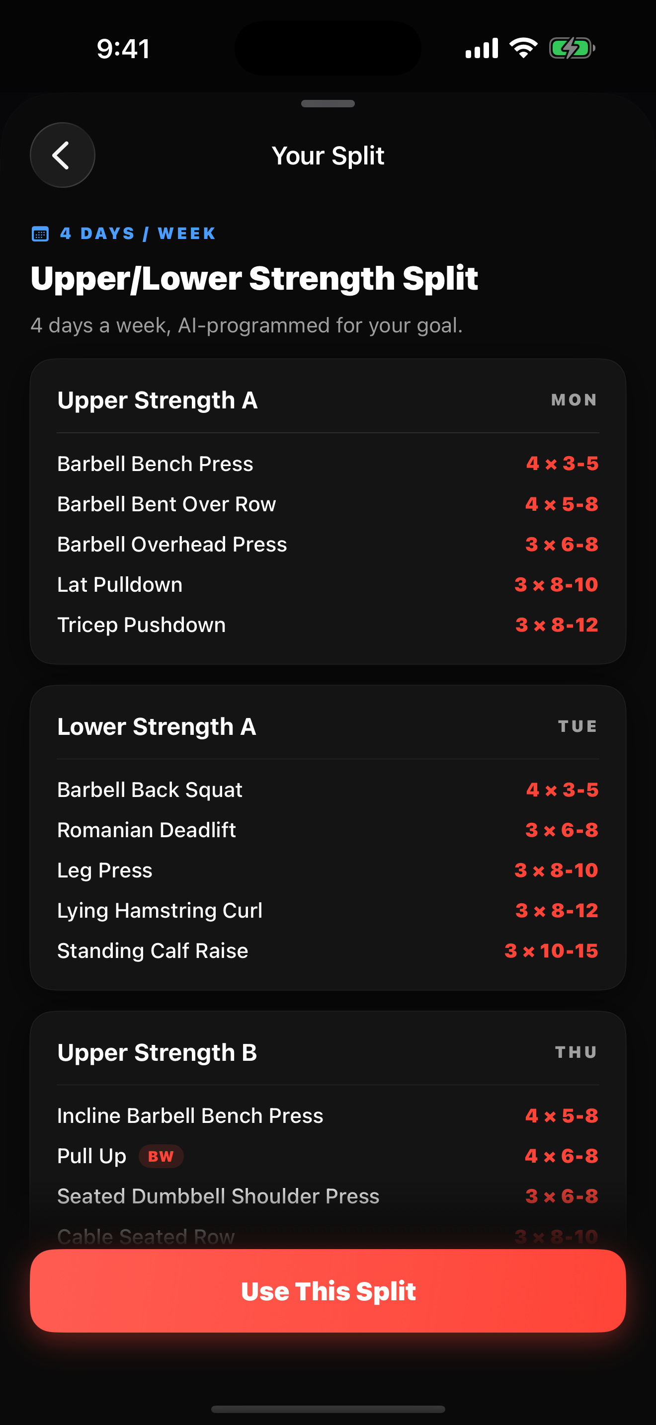 An AI-generated training split in SetPR, broken down by training day.