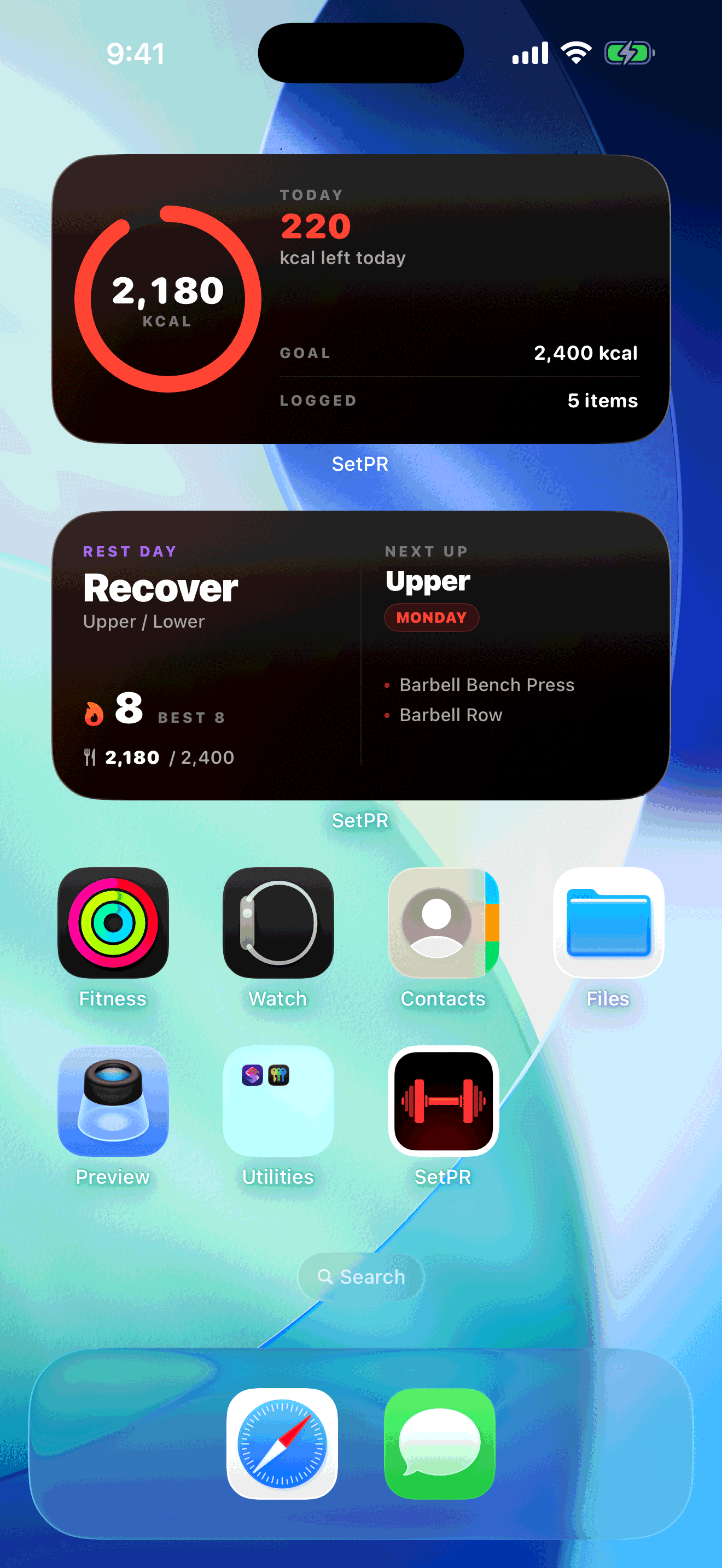 SetPR home screen widgets showing today's workout and remaining macros.